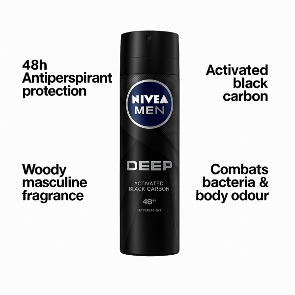 NIVEA Deep Anti-Perspirant Spray For Men 48h – 200ml (Pack Of 2) | Long-Lasting Protection by Elomart (Sold in Nigeria)