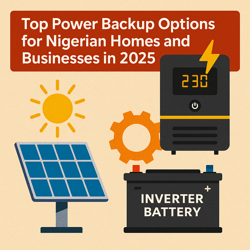 Illustration showing top power backup options in Nigeria, including inverters, solar panels, and inverter battery care for Nigerian homes and businesses in 2025.