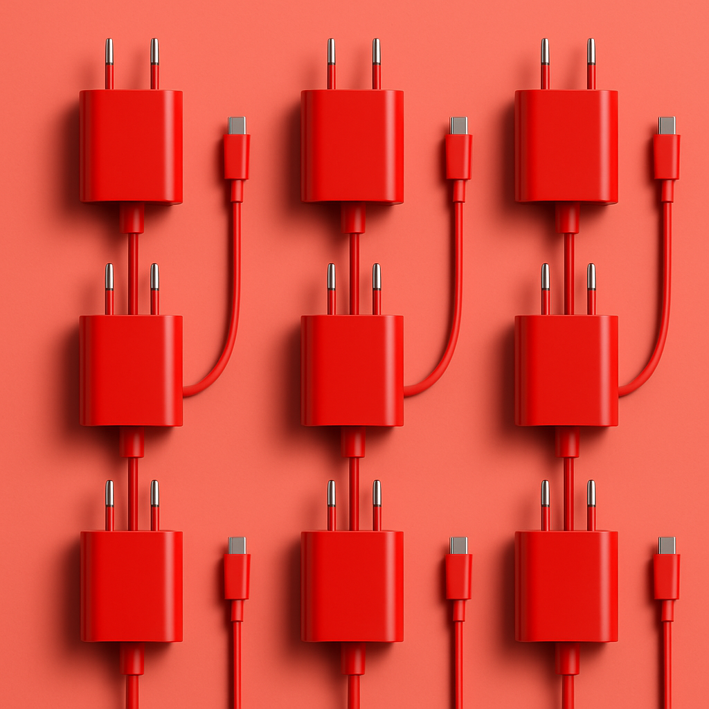 A 3x3 grid of red USB wall chargers with matching cables on a red background, showing a modern and stylish design.