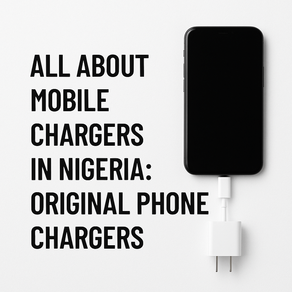 A black smartphone connected to a white charger on a clean white background, with bold black text that reads “All About Mobile Chargers in Nigeria: Original Phone Chargers.”