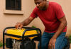 A Nigerian man checks his running generator outside his home, ensuring safe daily usage and proper maintenance — a visual guide from Elomart.