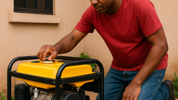 A Nigerian man checks his running generator outside his home, ensuring safe daily usage and proper maintenance — a visual guide from Elomart.