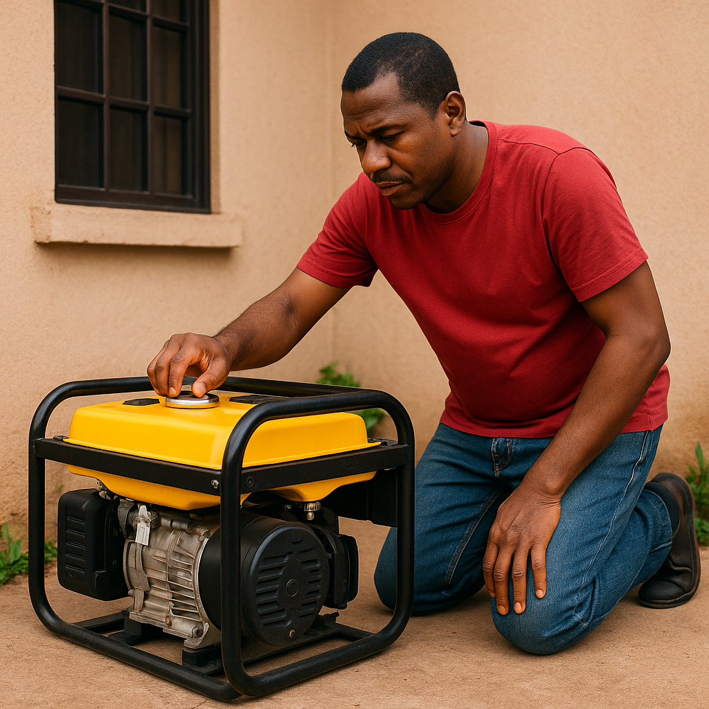 A Nigerian man checks his running generator outside his home, ensuring safe daily usage and proper maintenance — a visual guide from Elomart.