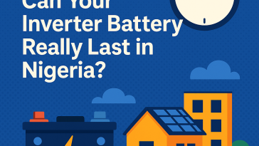 Illustration showing a Nigerian home using inverter power, with visuals of a battery, solar panel, and clock symbolizing battery lifespan.