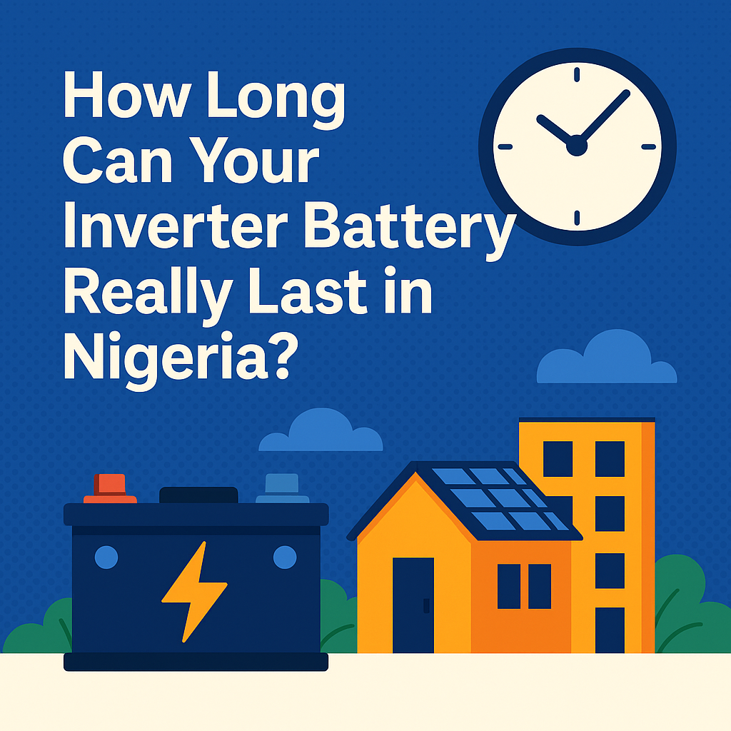 Illustration showing a Nigerian home using inverter power, with visuals of a battery, solar panel, and clock symbolizing battery lifespan.