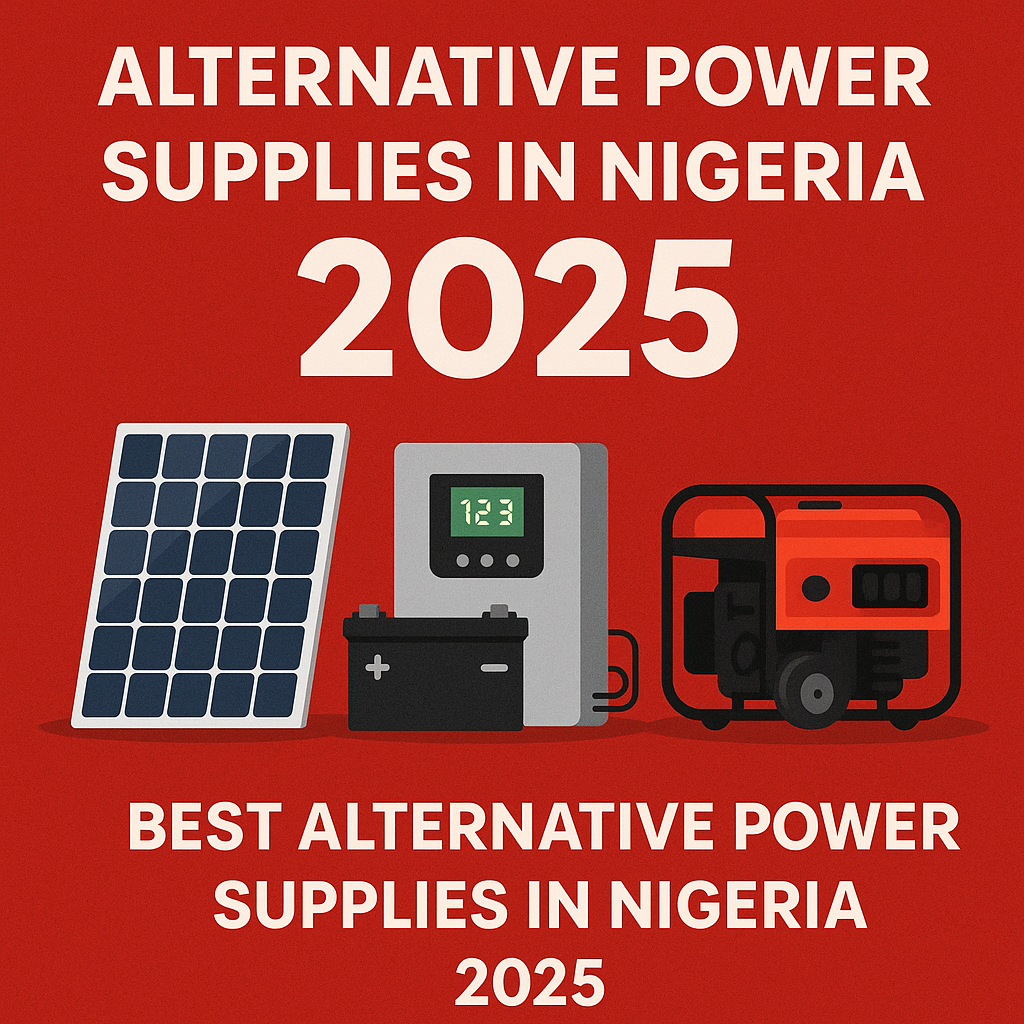 A digital graphic showing alternative power supplies in Nigeria 2025, featuring solar panels, an inverter with a battery, and a red fuel generator on a bold red background with white text. A digital graphic showing alternative power supplies in Nigeria 2025, featuring solar panels, an inverter with a battery, and a red fuel generator on a bold red background with white text. A digital graphic showing alternative power supplies in Nigeria 2025, featuring solar panels, an inverter with a battery, and a red fuel generator on a bold red background with white text