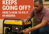 Man checking generator wiring while troubleshooting shutdown issue at home in Nigeria — practical power solutions from Elomart.