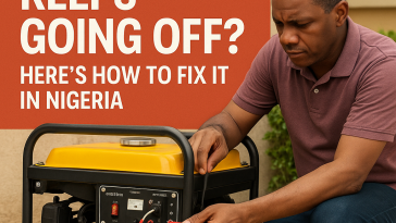 Man checking generator wiring while troubleshooting shutdown issue at home in Nigeria — practical power solutions from Elomart.
