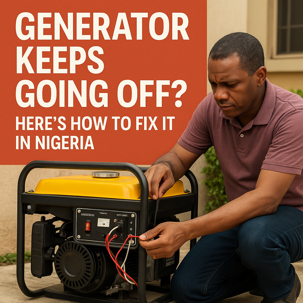 Man checking generator wiring while troubleshooting shutdown issue at home in Nigeria — practical power solutions from Elomart.