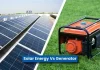 A bright comparison image showing a clean solar panel installation on one side and a fuel-powered generator.
