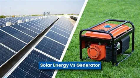 A bright comparison image showing a clean solar panel installation on one side and a fuel-powered generator.